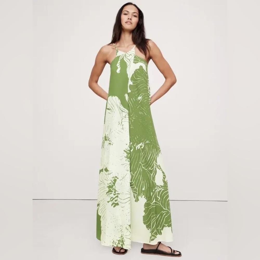 Banana Republic Matte 100% Silk Cross-Front Maxi Dress Green Floral Size XL $350